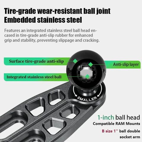 Close-up of tire-grade anti-slip CNC aluminum ball base mount with embedded stainless steel ball for RAM mounts.