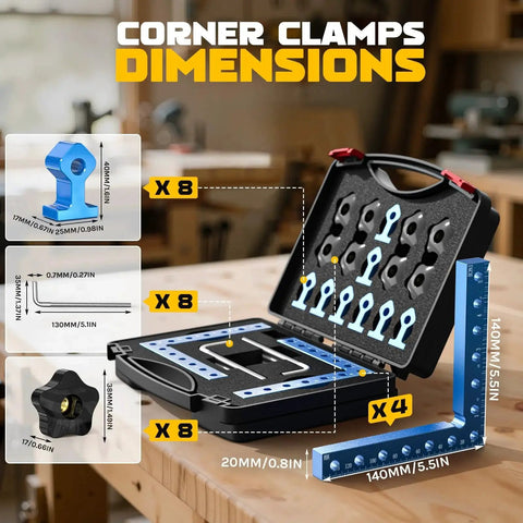 Pro Grade 90 Degree Corner Clamp Set CNC Aluminum with case, 140mm size, L-shaped screws, dual scales for DIY woodworking.