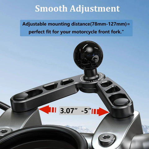 CNC Aluminum Ball Base Mount for Motorcycle Front Fork Stem, compatible with B Size 1 Inch Ball Double Socket Arm, adjustable fit.