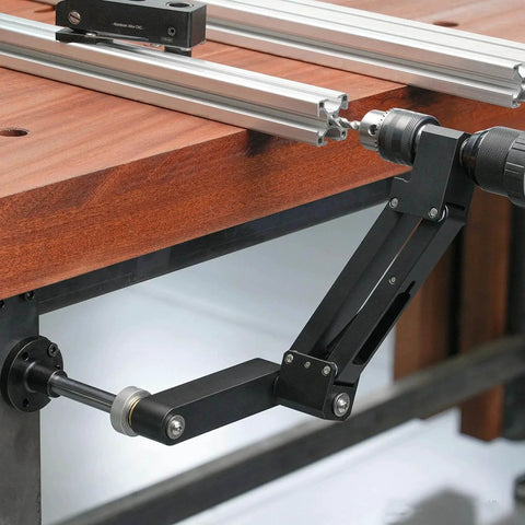 Dual Use Tapping Cantilever Bracket Aluminum Alloy Mount for CNC Machines 130mm Stroke 0 to 44mm Clamp Range attached to workbench