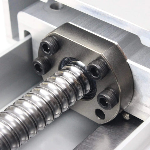 Close-up of 1605 ball screw in RATTMMOTOR FBX100 heavy CNC linear actuator kit with enclosed aluminum stage and dual MGN15 rails.