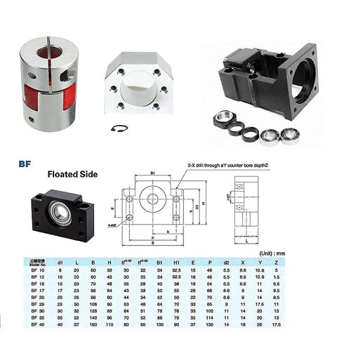 CNC Ballscrew Kit SFU2010 RM2010 Anti Backlash components with bearing supports, coupler, and housing for precise linear motion.