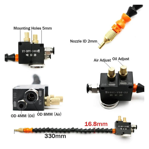 Pro Grade CNC Coolant Mist System components detailed view, 8mm pipe, 320mm length, nozzle ID 2mm, mounting and adjustments labeled