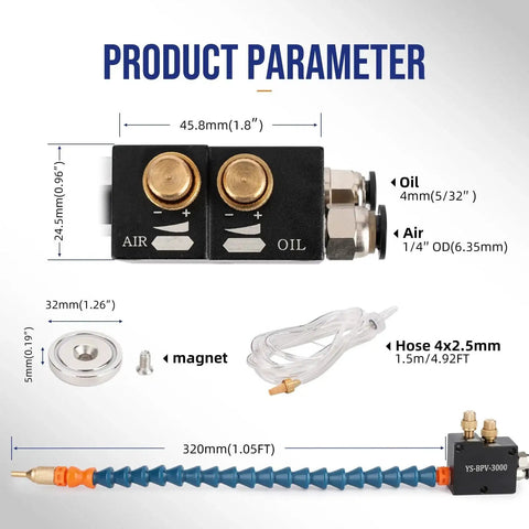 Coolant Mister For Milling Machines With Magnetic Base And 1.5m Hose CNC Lubrication Spray Pump Mini Mill Mist System display