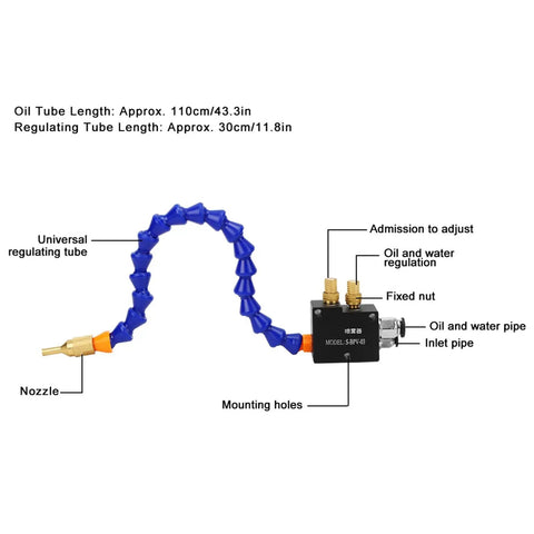 Diagram of Pro Grade Universal Coolant Lubricant Sprayer System for CNC Lathe and Milling Machines Kit with labeled parts.