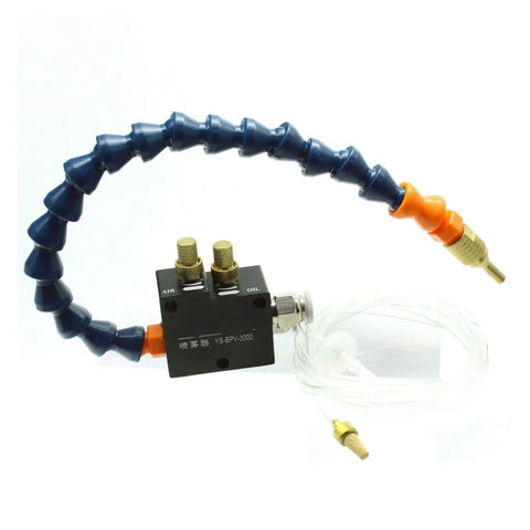 Versatile CNC Cooling Sprayer for Milling Lathe and Drilling Tools with Lubrication Spray Unit and Chip Removal, green hoses visible