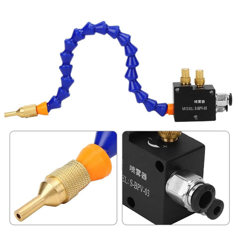 Cooling Sprayer System for CNC Lathes and Milling Machines, Slick All In One Coolant Spray Kit showing adjustable nozzle and connectors