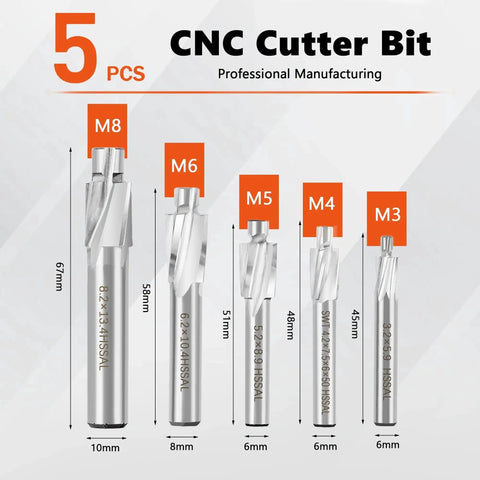 5 Piece M3 To M8 Slotting Counterbore End Mill Set for Precise Countersinking and Bolt Head Recesses