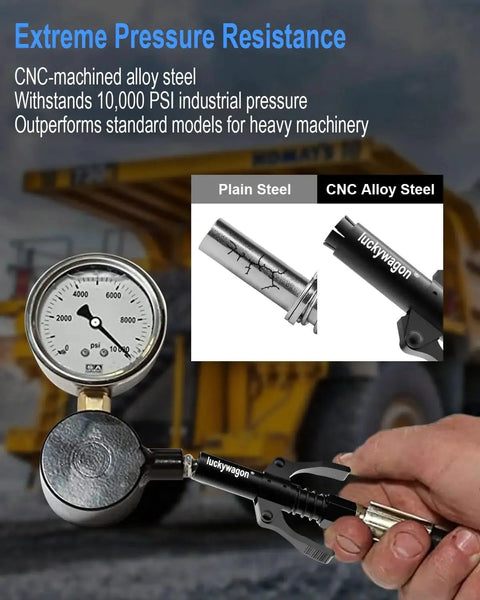 Person using Heavy Duty Grease Gun Coupler With Leakproof Quick Lock Release, 10,000 PSI, CNC alloy steel, with industrial machinery in background.