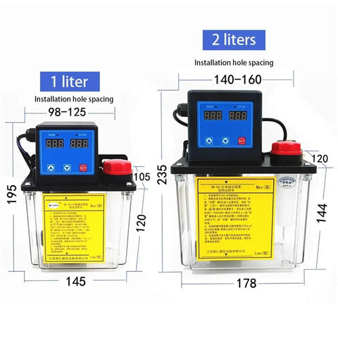 Electric Pump For CNC Lathe And Machine Tools Lubrication Pro Grade Automatic Oil Pump Electromagnetic Pump Oil Injector with digital display, showing 1-liter and 2-liter sizes with installation measurements, for precise lubrication in industrial machinery and easy maintenance.
