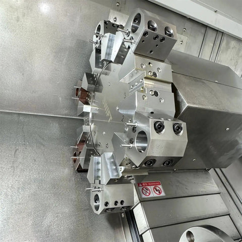CNC lathe turret featuring Ten Pack M6 12mm 304 Stainless Steel Ball Coolant Nozzles with screw lock for precise coolant coverage