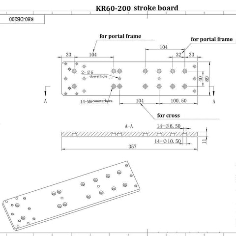 Technical drawing of KR60-200 stroke board for Electric CNC Linear Stage Actuator Linear Rail 200mm Stroke Cross Sliding Table SFU1605 Ballscrew