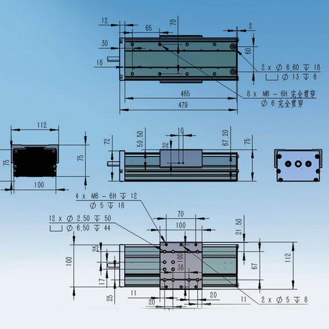 Technical drawing of RATTMMOTOR FBX100 heavy CNC linear actuator kit with enclosed aluminum stage and NEMA23 stepper motor.