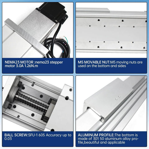 Close-up of RATTMMOTOR FBX100 heavy CNC linear actuator kit components, showing NEMA23 stepper motor and aluminum profile.