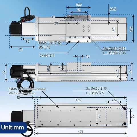RATTMMOTOR FBX100 heavy CNC linear actuator kit dimensions and components diagram showing NEMA23 motor and ball screw.