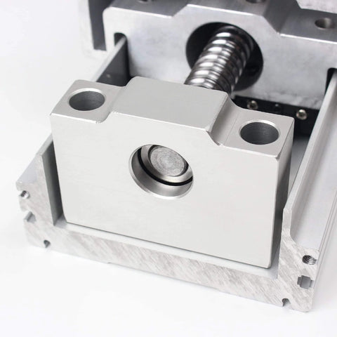 Close-up of RATTMMOTOR FBX100 heavy CNC linear actuator kit showing aluminum stage and 1605 ball screw mechanism.
