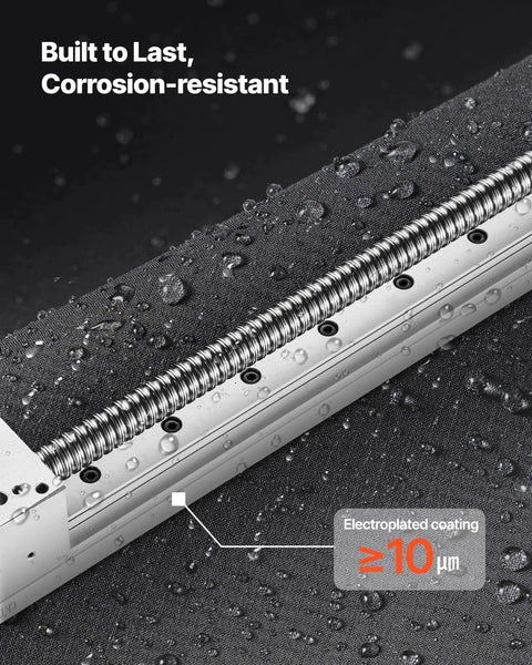 Close-up of motorized CNC linear guide stage with ball screw, 16 mm diameter, corrosion-resistant coating for CNC machines and 3D printers.