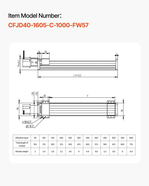 Technical drawing of motorized CNC linear guide stage with 1000 mm stroke ball screw, 16 mm diameter, including dimensions and specifications.