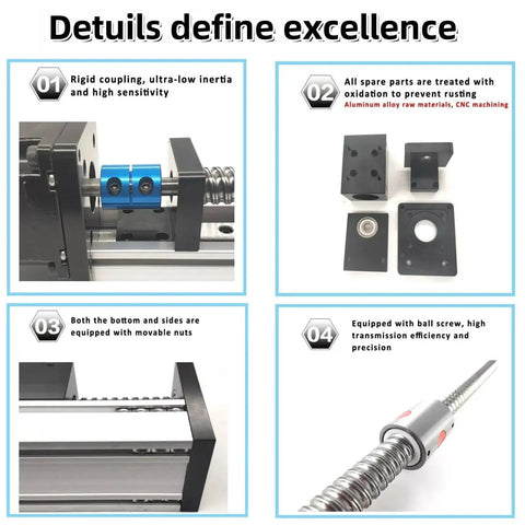 Precision CNC Linear Rail Slide And Motion Stage With 8 Inch Stroke 200mm SFU1605 Ball Screw features and components