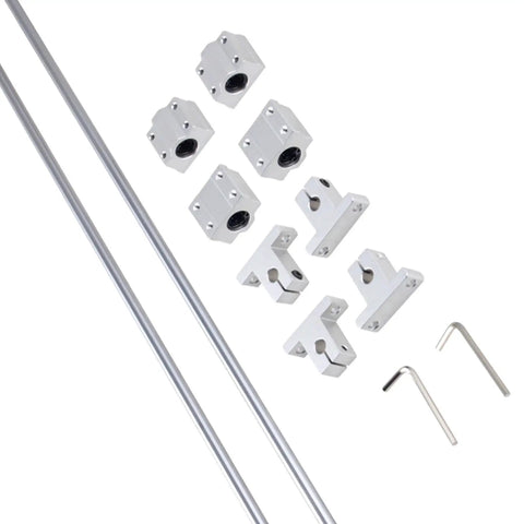 Pro Grade Linear Shaft CNC Parts Kit 16x1000mm Set With 4 SK16 Linear Rail Supports And 4 SCS16UU Slide Blocks components laid out