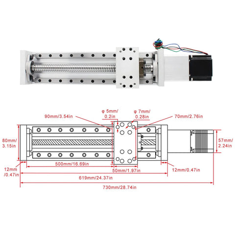 CNC Linear Stage With 500mm Stroke Beefy Build For Precision RATTMMOTOR ZBX80 Cross Sliding Table Aluminum Alloy SFU1605 Ballscrew Nema23 57 Stepper Motor X Y Z Axis Motion Actuator For CNC Milling And Laser Engraving top view with dimensions.
