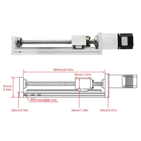 CNC Linear Stage With 500mm Stroke Beefy Build For Precision RATTMMOTOR ZBX80 Cross Sliding Table Aluminum Alloy SFU1605 Ballscrew Nema23 57 Stepper Motor X Y Z Axis Motion Actuator For CNC Milling And Laser Engraving, side view with dimensions.