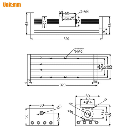 Technical drawing of CNC Linear Stage Actuator, Double Optical Axis Linear Slide Rail 1204 Ball Screw CNC Linear Motion Rail Guide with Nema23 Stepper Motor for CNC Router Machine (200mm / 7.87") with measurements in mm.