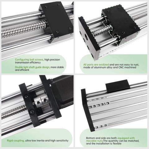 Close-up of CNC Linear Stage Actuator showing ball screws, rails, and NEMA23 motor, highlighting design and machining features.