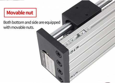 Close-up of 500mm /19.69" CNC Linear Stage Actuator with Double Optical Axis and 1605 Ball Screw, highlighting movable nut feature.