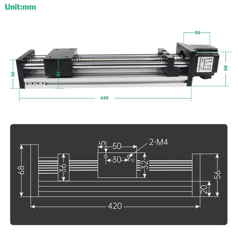 Double Optical Axis CNC Linear Stage Actuator With 1204 Ball Screw and 20mm Square Rail, dimensions diagram view.