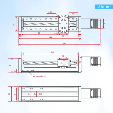 Diagram of 100mm stroke CNC linear stage motion actuator, x y z axis linear slide rail cross sliding table linear rail guide, with sfu1605 ballscrew and nema23 stepper motor.