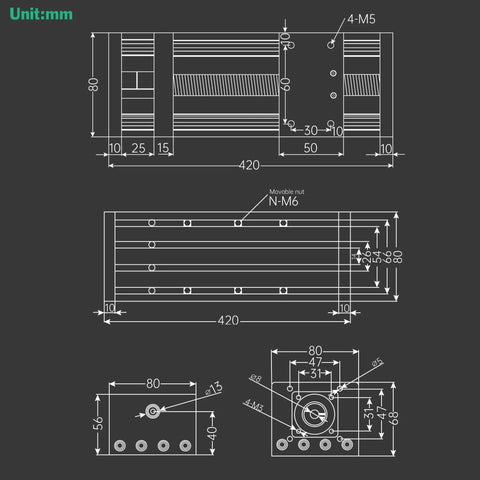 Technical drawing of Double Optical Axis CNC Linear Stage Actuator With 1204 Ball Screw And 20mm Square Rail, dimensions in mm