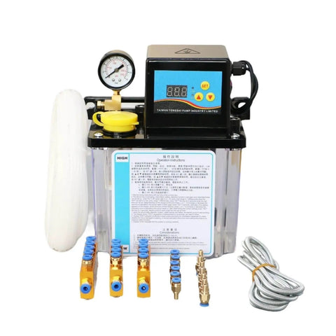 2L CNC Lubricant Pump Kit with fittings, 110V 220V AC, shown front view, automatic oil lubrication system for CNC machine tools