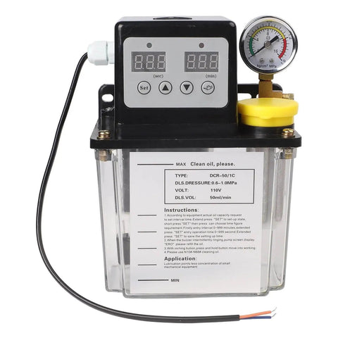 Front view of Automatic Lubricating Oil Pump For CNC Machinery with electronic display, 110V alloy gear oiler, black transparent housing
