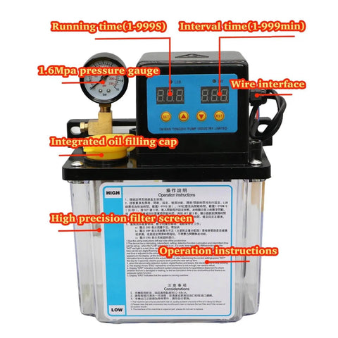 Front view of Plug And Play Ready CNC Lubrication Pump System with gauge and filter, electromagnetic automatic oil pump for engravers