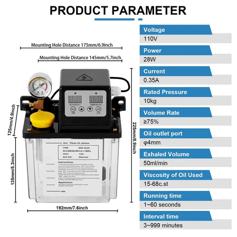 Automatic Lubrication Oil Pump For CNC Machines With 0 To 1.6 MPa Pressure Gauge And Low Oil Alarm, 110V 2L Oiler with Parameters