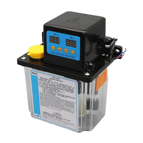 Front view of Pro Grade CNC Lubrication Pump System 1L 2L Automatic Electric Oil Pump with gauge for CNC machine tools.