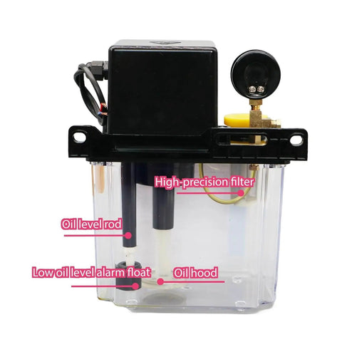 2L CNC Lubrication Pump with 4mm and 6mm oil lines, AC 220V or 110V, featuring high-precision filter and oil level indicators.