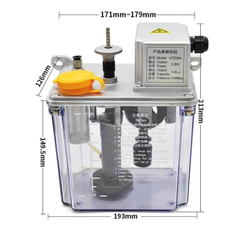 2L Electric Intermittent Lubrication Pump, transparent tank with measurements, for CNC machine tools, lathe, milling machine, 220V