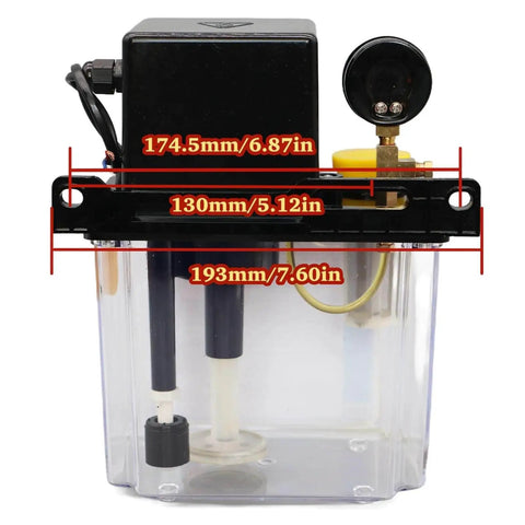 Front view of 2L CNC Lubrication Pump System for Lathe Machines, Dual Voltage AC220V AC110V, 4mm and 6mm line fittings