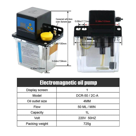 Front view of Pro-Grade Automatic Electromagnetic Lubrication Pump For CNC Routers And Engravers, 220V, 1L capacity, showing dimensions.
