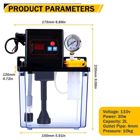 Automatic CNC Lubrication Oil Pump With Digital Display And Pressure Gauge, 110V 2L, showing product dimensions and specifications
