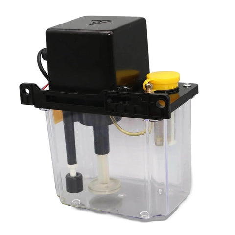 Side view of Plug And Play Ready CNC Lubrication Pump System with gauge, 1L or 2L capacity, electromagnetic automatic oil pump for CNC engravers.