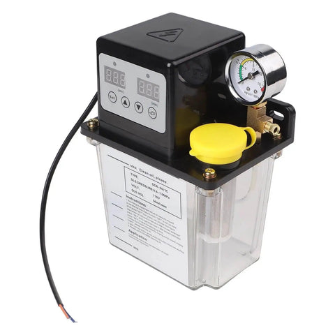 Automatic Lubricating Oil Pump For CNC Machinery with electronic display, 110V alloy gear, 1L capacity, high pressure gauge, black housing.