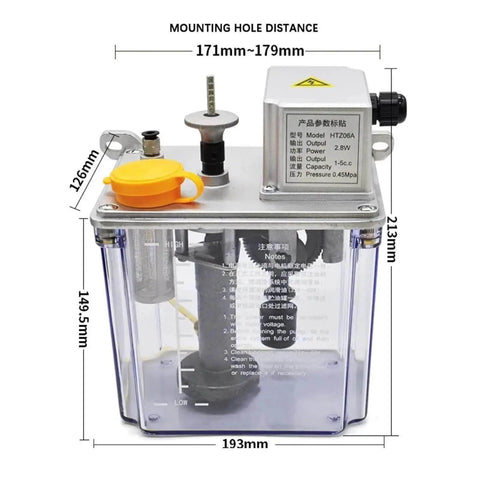 Automatic Intermittent Lubrication Pump For CNC Machines 220V Electric Lubricator close-up with dimensions and features