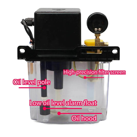 Front view of CNC Lubrication Pump System Kit for Automatic Lubricant Delivery, 1L or 2L Capacity with labeled components