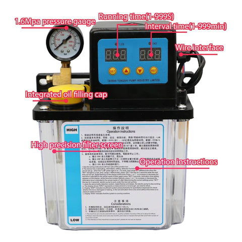 Pro Grade CNC Lubrication Pump System Kit with pressure gauge, timer, and integrated oil filling cap visible, for CNC machines.
