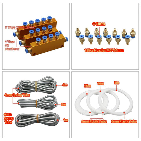 Pro Grade CNC Lubrication Pump System Kit featuring oil distributors, nozzles, 4mm and 6mm spring tubes, and plastic tubing for CNC machines.