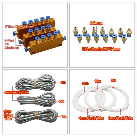 CNC Automatic Lubrication Pump System Kit With 1L Or 2L Reservoir, tubing and nozzles for CNC machine tools, metalwork equipment.
