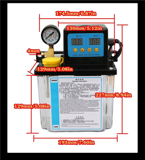 Automatic CNC Lubrication Pump System Kit with 1L and 2L capacity, digital display, and measurement details for CNC machine tools lathe.